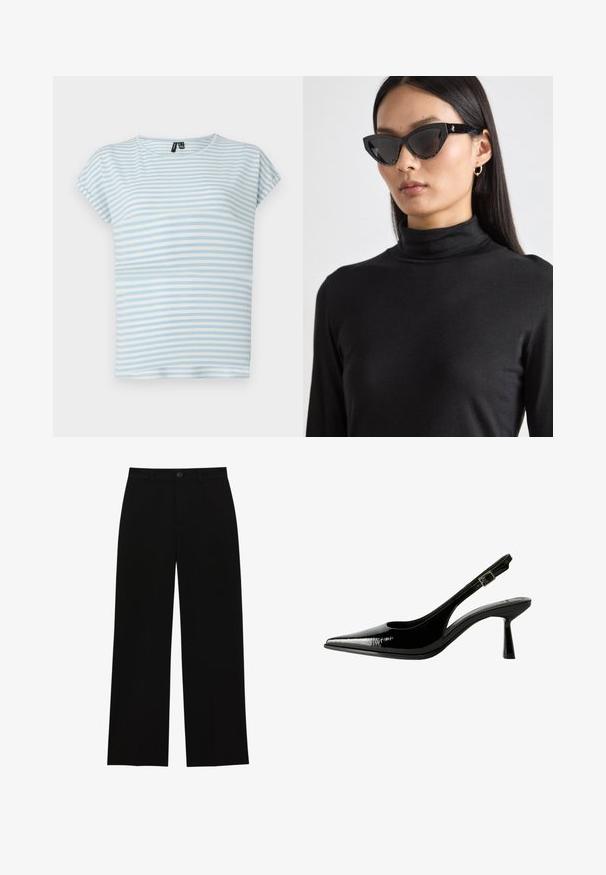 Světle modré pruhované tričko vyrobené z měkké bavlny. Má krátké rukávy a kulatý výstřih. Horizontální pruhy v různých šířkách.; Černé, vysoké kalhoty s širokým střihem vyrobené z hladkého materiálu, s plochým předním dílem, zapínáním na knoflík a bez viditelných kapes.; Černé lakované kožené lodičky na podpatku s špičatou špičkou, výřezy na stranách, nastavitelným páskem kolem kotníku a tenkým, elegantním podpatkem.; Černé sluneční brýle ve tvaru kočičích očí s tmavými skly, texturovanými černými obruby a jemnými třpytivými akcenty. Modelka má na sobě černý rolák.; Kabelka na zápěstí Michael Kors v béžové potažené plátno s opakujícím se vzorem loga MK, zlatými kovovými doplňky a odnímatelným řetízkovým popruhem.