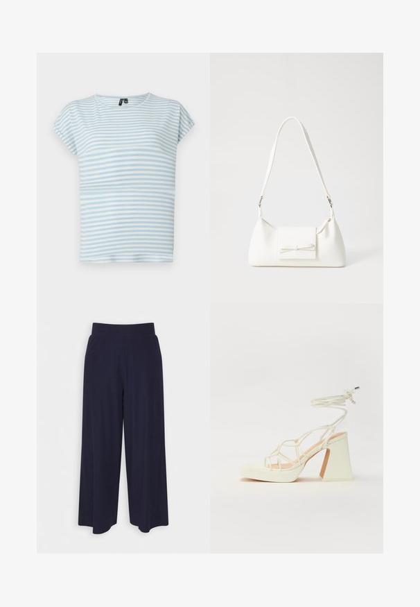 Light blue striped t-shirt made of soft cotton. Features short sleeves and a round neckline. Horizontal stripes in varying widths.; Wide-leg trousers in dark navy fabric with a ribbed texture. Features a smooth waistband and a flowy silhouette, reaching mid-calf length.; White high-heeled sandal with a chunky heel, featuring a strappy design and ankle tie. Smooth texture with a platform front for added height.; White synthetic handbag with a triangular shape, flat front flap and bow detail, adjustable strap, smooth texture, and minimalistic design.