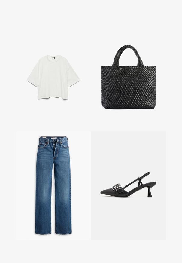 T-shirt bianco, morbido e leggero, realizzato in cotone, con scollo rotondo e maniche corte larghe, finitura dritta.; Jeans in denim blu con un design a gamba larga, cinque tasche, chiusura con bottoni e cuciture a contrasto. Tessuto testurizzato con una finitura sbiadita.; Simmi London DALA - Decolleté - black; Borsa a tracolla nera intrecciata con due manici, caratterizzata da una superficie texturizzata e una forma rettangolare. Design semplice e unico senza hardware visibile.