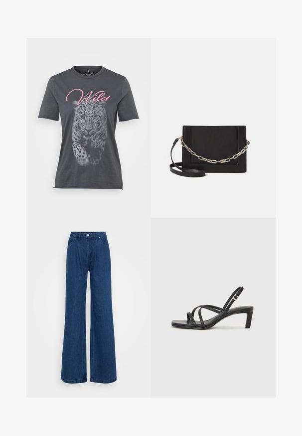Tricou din bumbac gri, cu un grafic de leopard în alb și negru, având cuvântul "Wild" scris cu litere cursive roz deasupra designului. Mâneci scurte.; Jeans din denim albastru, cu pantaloni largi, talie înaltă, închidere cu buton și fermoar frontal, și buzunare în față și în spate, pe un fundal simplu.; Sandal cu barete negre, cu vârf pătrat și toc mic de bloc. Prezintă mai multe barete subțiri și o bareta ajustabilă la gleznă. Fabricat din piele netedă.; Geantă de umăr din piele neagră, cu o textură netedă, formă rectangulară și un detaliu din lanț metalic în față. Include curea reglabilă.