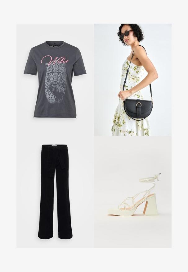 Grå bomull t-skjorte med et leopardmotiv i svart og hvitt, med ordet "Wild" i rosa kursiv over designet. Korte ermer.; Sorte kordfløjel brede bukser med et stofbælte, der har subtile syninger og en tætsiddende talje for en skræddersyet stil.; Hvit høyhælte sandal med kraftig hæl, med en stroppe-design og ankelbånd. Glatt tekstur med plattform foran for ekstra høyde.; Svart lærveske med en buet form, avtagbar stropp og gullbeslag. Vesken har et klaff med spenne-detall.