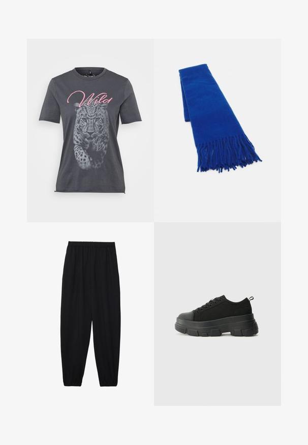 Hallhalli hallhalli T-särk, millel on must-valge leopardikujutis ning sõna "Wild" roosa kalligraafia all kujutise kohal. Lühikesed varrukad.; Mustad, kerge kangas püksid elastse vöökoha ja kokku volditud pahkluudega. Kanga pind on sile ja disain on lõdvestunud, kitsenev.; Mustad mustad mustikad, millel on tugev kummist põhi, tekstuuriga kangast pealis, ümar varvas ja seotud disain. Omab tugevdatud silmuseid ja tagumist tõmbeotsta.; Sinine kudumisega sall, millel on soonilised otstes, sile tekstuur, ristküliku kujuga ja ühtlane värv kogu ulatuses. Sobib külmade ilmade jaoks.