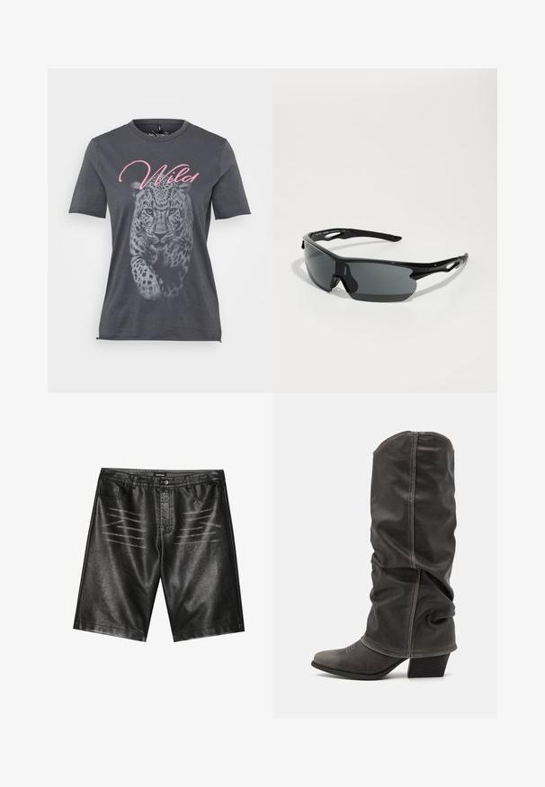 Pelēks kokvilnas T-krekls ar melnbaltu leopardu motīvu, virs kura ir vārds "Savvaļa" rozā rakstainā burtnīcā. Īsas piedurknes.; Melnie mākslīgās ādas šorti ar gludu tekstūru, pieci kabatas un smalka svītru apdare priekšpusē. Klasiska taisna griezuma dizains.; Pelēki ādas zābaki līdz potītēm ar brīvu dizainu, smailo pirkstu un salikto papēdi. Ievērojama šuvju detaļa uz pirksta zonas.; Melni sporta saulesbrilles ar izliektiem stikliem, vieglu plastmasas rāmi un strukturētām tempļiem. Plūstošs dizains ar integrētu deguna atbalstu.; Melnas austo ādas rokassoma ar vaļīgu dizainu, kurai ir mezglots siksna un neliels dekoratīvs zelta uzstuds augšdaļā.