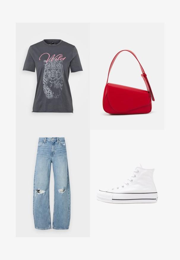 Szara bawełniana koszulka z krótkim rękawem, ozdobiona grafiką lamparta w czerni i bieli oraz słowem "Wild" w różowym, kursywą nad wzorem.; Jasnoniebieskie, wysokiej talii dżinsy wykonane z denimu. Posiadają szerokie nogawki, dwa podarte miejsca na kolanach oraz klasyczne pięć kieszeni.; Białe wysokie trampki z płótna z czarną gumową podeszwą, przednim czubkiem z gumy i sześcioma dziurkami na sznurowadła, charakteryzujące się prostym, minimalistycznym designem.; Czerwona skórzana torebka o kanciastym, geometrycznym designie. Posiada jedną regulowaną rączkę oraz zapięcie na klapę z przeszyciami.