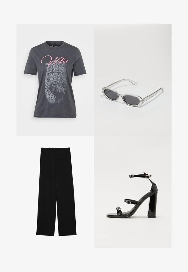 Pelēks kokvilnas T-krekls ar melnbaltu leopardu motīvu, virs kura ir vārds "Savvaļa" rozā rakstainā burtnīcā. Īsas piedurknes.; Melnas platās bikses ar volangām jostasvietā, ar divām sānu kabatām un gludu, vieglu audumu. Nav redzamu rakstu vai aksesuāru.; Melnas lakotas augstpapēžu čības ar kvadrāta purngalu, potīšu siksniņām un sudraba sprādzēm. Aprīkotas ar masīvu bloku papēdi stabilitātei.; Saulesbrilles ar ovālu formu, caurspīdīgu plastmasas rāmi, tumši pelēkiem stikliem un plāniem caurspīdīgiem kātiem, kas satur logotipa akcentus un minimālu noformējumu.