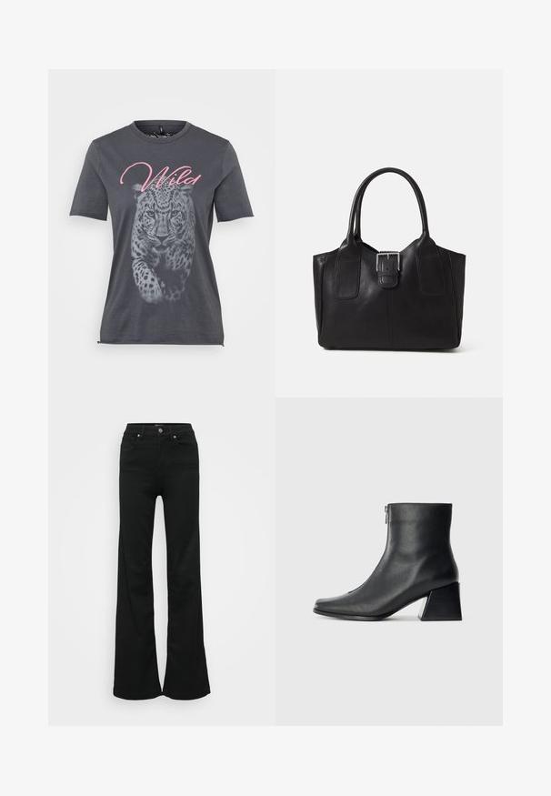 Gray cotton t-shirt featuring a leopard graphic in black and white, with the word "Wild" in pink cursive above the design. Short sleeves.; Black flared jeans made from denim, featuring a high waist, five pockets, and metal button closure. Smooth texture with minimal detailing.; Black leather ankle boot with square toe, side zipper, and block heel against plain light background.; Black leather tote bag with smooth texture, structured shape, two handles, and a prominent silver buckle detail on the front.