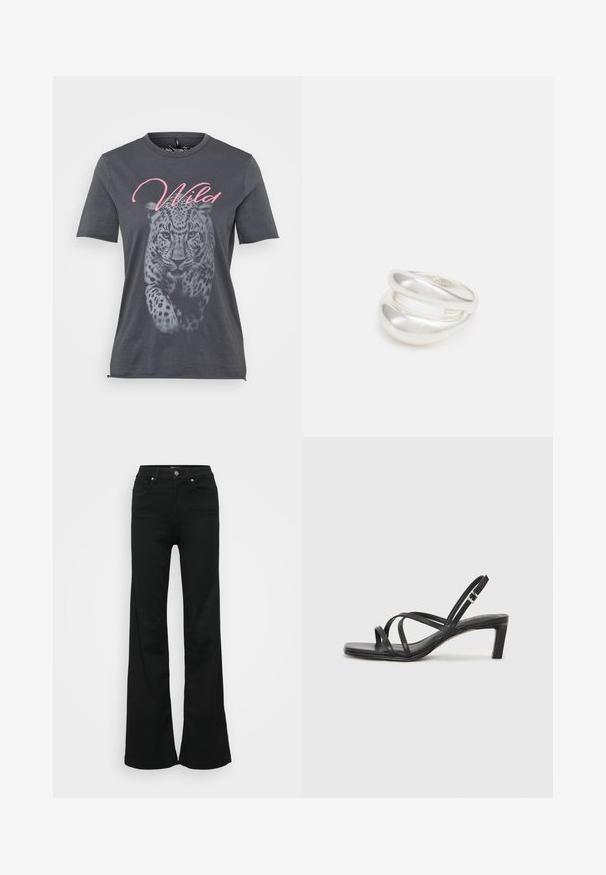 Harmaa puuvillainen t-paita, jossa on mustavalkoinen leopardi grafiikka, ja sanan "Wild" vaaleanpunaisella kursiivilla suunnittelun yläpuolella. Lyhyet hihat.; Mustat levenevät farkut, valmistettu denimmateriaaleista. Korkea vyötärö, viisi taskua ja metallinen napitus. Sileä pinta, jossa on minimaalinen yksityiskohtaisuus.; Mustat hihnalligat, joissa on neliön muotoinen kärki ja matala lohkokorko. Ominaisuuksiin kuuluu useita ohuita hihnoja ja säädettävä nilkkahihna. Valmistettu sileästä nahasta.; Hopeinen kaksinkertainen rengas, jossa on sileä, kiillotettu pinta. Siinä on sulava, kaareva muotoilu, jossa on päällekkäisiä osia modernin ilmeen saavuttamiseksi.