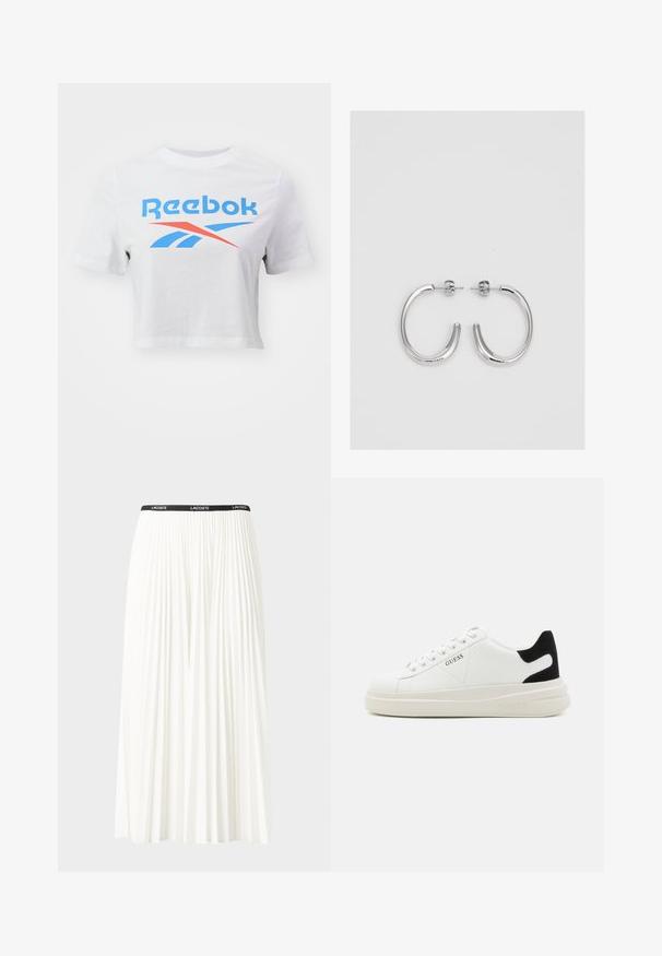 Balta medvilninė trumpa rankovė marškinėliai su mėlynu ir raudonu Reebok logotipu priekyje, su lygiu paviršiumi ir laisvu siluetu.; Pleated balta sijonas su juodu elastiniu juosmeniu, ant kurio yra "LACOSTE" logotipas. Vidutinio ilgio dizainas su švelnia tekstūra.; Baltos odinės sportbačiai su storu baltu padu, juodu nubuko kulno akcentu ir iškilmingu logotipu šone. Su raišteliais, turinčiais šešis akinius.; Sidabrinės auskarai žiedai su lygiu, blizgiu paviršiumi. Suapvalinta forma, lengvas dizainas, su uždarymu ant smeigtuko.
