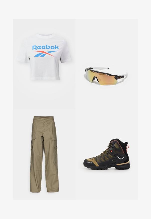 Balta kokvilnas īsām piedurknēm T-krekls ar zilu un sarkanu Reebok logo uz priekšpuses, ar gludu tekstūru un brīvu piegriezumu.; Olīvzaļa auduma cargo bikses, kurām ir brīva piegriezuma, vairākas sānu kabatas un pogu aizdare jostasvietā. Gluda tekstūra.; Vidēji augsti pārgājienu zābaki melnā un olīvu zaļā krāsā, ar acs augšdaļu, gumijas zoli un teksturētām akcentiem, kā arī aizmugurējo cilpu.; Saulesbrilles ar melnbaltu rāmīti, lielām spoguļlēcām zeltainos un rozā toņos, aerodinamisku dizainu un paplašinātu ārējo mali.