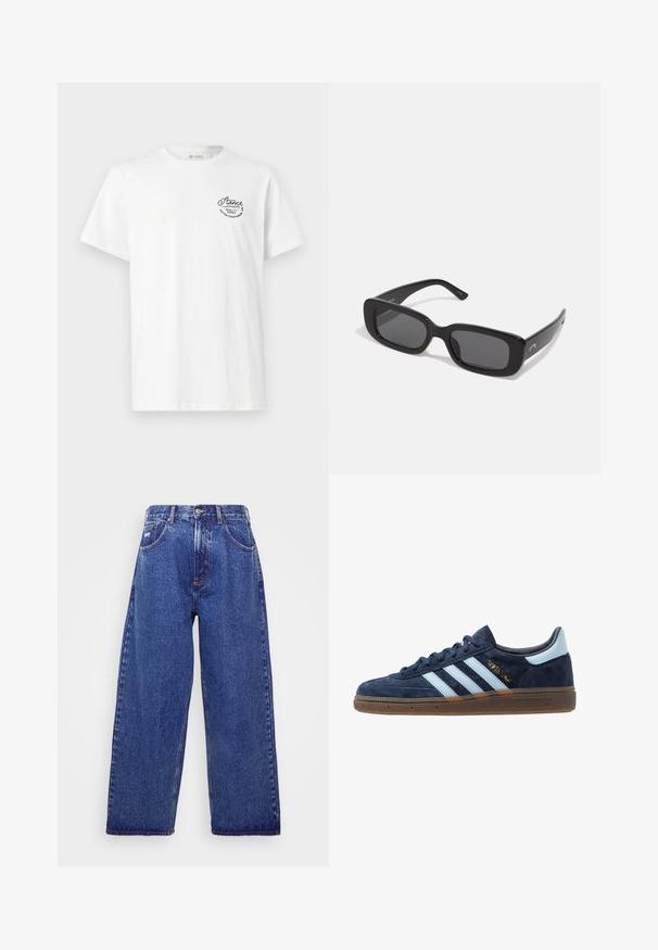 White cotton t-shirt featuring a round neckline and short sleeves, with a black embroidered logo on the upper left side.; Wide-leg, blue denim jeans with a high waist, featuring five pockets, a button closure, and subtle fading for texture.; Navy blue suede Adidas sneaker with light blue stripes, gum sole, light blue heel tab, and gold "Spezial" branding on the side.; Black rectangular sunglasses with dark lenses, smooth plastic frames, and wide arms. Subtle branding on the side.