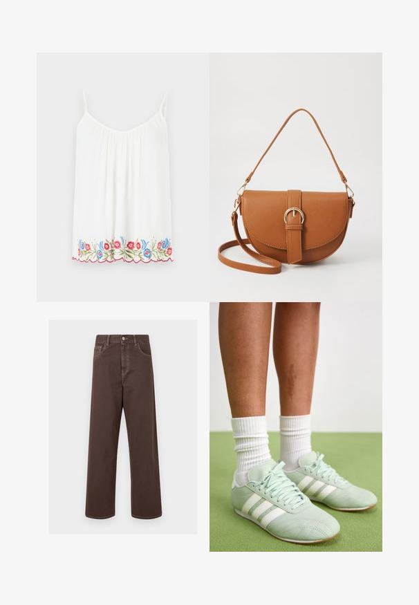 White sleeveless top with a gathered neckline and floral embroidery at the hem in red, blue, and green, featuring a scalloped edge.; Brown wide-leg denim pants with contrasting stitching, five pockets, and a metal button closure. Smooth texture, straight cut.; Mint green athletic shoes with white stripes, smooth leather texture, rounded toe, and rubber outsole, paired with white ribbed socks.; Brown leather crossbody bag with a curved shape, gold hardware, and a buckle accent. Features a detachable shoulder strap.