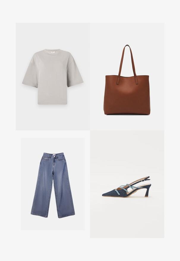Light grey cotton T-shirt with a loose fit, short sleeves, and a round neckline. Smooth texture, minimal stitching, no patterns or accents.; Wide-leg denim jeans in a light blue wash, featuring a high waist, front pockets, and a button closure with belt loops.; Denim slingback shoe, pointed toe, light blue straps with bows, mid-heel, textured fabric, tan insole, minimal stitching, sleek design.; Brown leather tote bag with a smooth texture, open top design, and two shoulder straps. Features minimal stitching and no visible hardware.