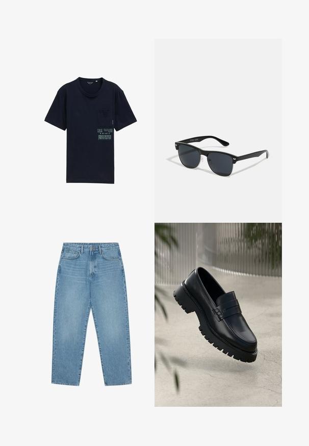 Marineblå bomulds t-shirt med rund hals, korte ærmer, venstre brystlomme og trykt logo og tekst foran i kontrastfarver.; Lys blå denim wide-leg jeans med høj talje, der har fem lommer, bæltestropper og en blød, let falmet tekstur.; Sorte læder loafers med en chunky sål, der har en dekorativ rem og syninger. Glat tekstur med en poleret overflade.; Sorte solbriller med rektangulær form, mørke linser, sølvdetaljer ved tindingerne og en mat finish på stellet.