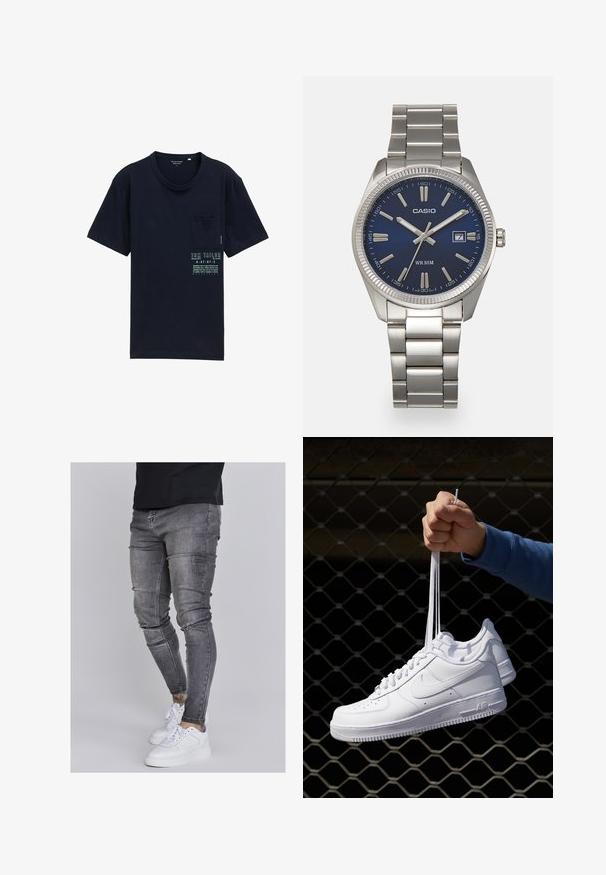 Marineblå bomulds t-shirt med rund hals, korte ærmer, venstre brystlomme og trykt logo og tekst foran i kontrastfarver.; Slank jeans i falmet grå denim med slidte detaljer ved knæene, parret med hvide sneakers. Glat tekstur, slim fit design.; Hvide lædersneakers med perforeringer, rund tå, flad sål og tykke snørebånd, med et synligt swoosh-logo og "AIR" på hælen.; Sølv rustfrit stål urrem med en marineblå urskive, metallic timemarkører og et datovindue kl. 3. Vandafvisende op til 50 meter.