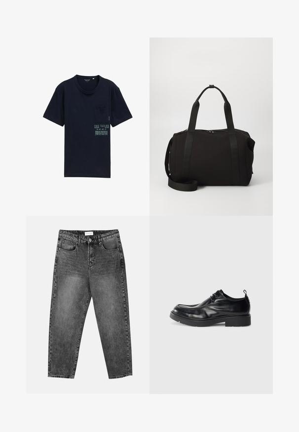 Marineblå bomulds t-shirt med rund hals, korte ærmer, venstre brystlomme og trykt logo og tekst foran i kontrastfarver.; Sorte vasket straight-leg jeans med for- og baglommer, bæltestropper og knaplukning i taljen.; Sort læderherresko med rund tå, snørelukning og en dekorativ søm. Har en tyk, tekstureret gummisål og en hæltab.; Sort duffel bag med tykke håndtag og en aftagelig rem. Lavet af glat stof, med lynlåslukning og minimalistisk design.