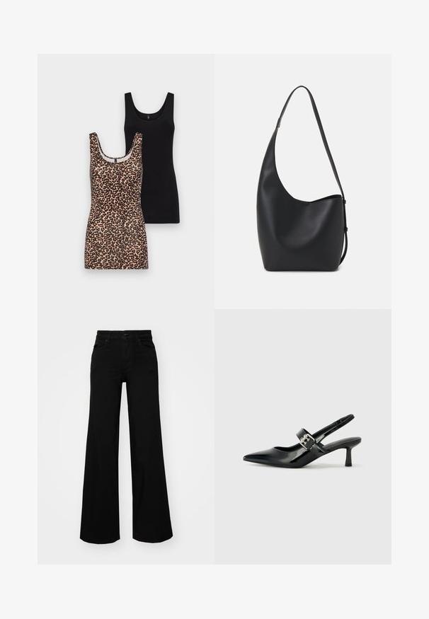 Twee tanktops: één met een luipaardprint en een ronde hals, en één in effen zwart, beide gemaakt van zachte katoenen stof en met een mouwloze ontwerp.; Zwarte wijdvallende broek van denim, met een gestructureerde tailleband, riemlussen en voorzakken. Glad van textuur met een klassiek ontwerp.; Zwarte gepatineerde leren slingback hakken met een puntige neus en een kleine blokhak, met een zilveren gespaccent op de band.; Zwarte leren hobo tas met een gladde textuur, kromme vorm en een enkele verstelbare schouderband; heeft een brede opening aan de bovenkant.