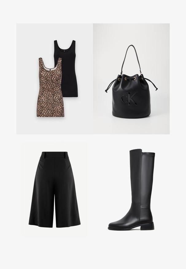 Dwa topy bez rękawów: jeden w panterkę z okrągłym dekoltem, a drugi w jednolitym czarnym kolorze, oba wykonane z miękkiej bawełny.; Czarne spodnie o szerokich nogawkach z plisowanym przodem, wysokim stanem i gładką fakturą materiału. Posiadają czysty, minimalistyczny design bez widocznych elementów metalowych.; Czarne skórzane kozaki sięgające kolan o gładkiej fakturze, okrągłym czubku, niskim obcasie słupkowym i subtelnym przeszyciu wzdłuż boku.; Czarna skórzana torba typu bucket z zaciąganym zamknięciem, z błyszczącym logo "CK" z przodu i złotymi akcentami.