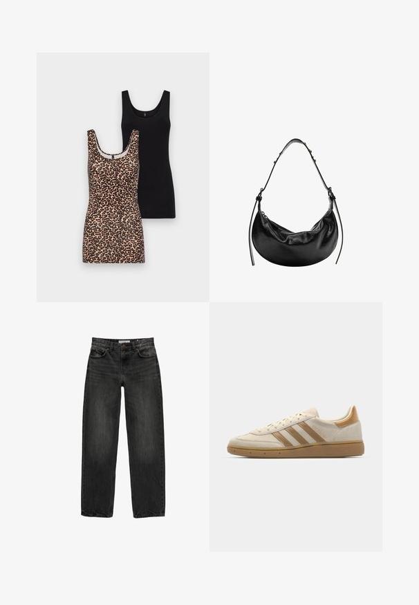 Két ujjatlan póló: az egyik leopárd mintás, kerek nyakkivágással, a másik sima fekete, mindkettő puha pamutból készült.; Fekete farmernadrág laza szabással, egyenes szárakkal, öt zsebes dizájnnal és enyhén elhalványult textúrával. Elöl gombos és cipzáras záródás.; Beige velúr sportcipő világosbarna részletekkel. Három barna csíkkal, texturált gumitalppal és lekerekített orrkivágással rendelkezik.; Fekete bőr kézitáska félhold alakban, sima textúrával és állítható pánttal, diszkrét fém részletekkel. A cipzáras zárás jól látható.