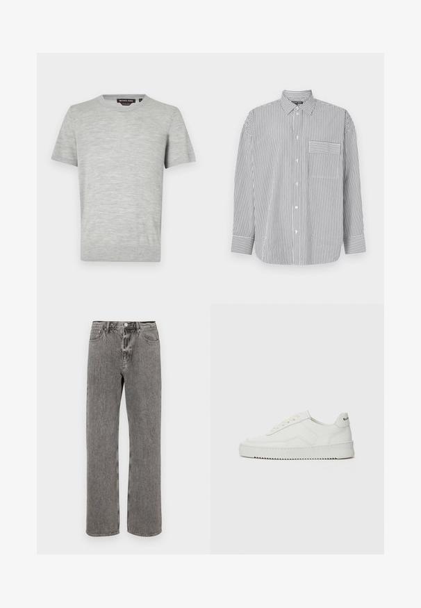 Light grey short-sleeve t-shirt in a soft, textured fabric with a crew neckline and minimal seam detailing. Brand label visible inside neckline.; Striped button-up shirt in black and white, featuring long sleeves, a classic collar, and a chest pocket with horizontal stripes.; Gray denim jeans featuring a straight-leg cut, five-pocket design, and a button closure at the waistband. Subtle faded texture throughout.; White leather sneaker with a smooth finish, round toe, flat laces, and a textured sole. Features a subtle logo on the heel.