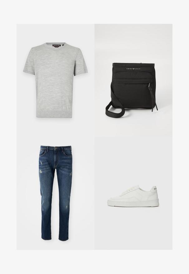 Šviesiai pilkas trumpomis rankovėmis marškinėliai, pagaminti iš minkštos tekstūruotos medžiagos, su apvaliu iškirpimu ir minimaliais siūlių akcentais. Prekės ženklo etiketė matoma vidinėje iškirpės pusėje.; Tamsiai mėlyni džinsai, lieso sijono, šiek tiek nudėvėti šlaunų ir kelių srityse, klasikinis penkių kišenių dizainas ir mygtuko uždarymas.; Balti odiniai sportiniai bateliai su lygia apdaila, apvaliu pirštu, plokščiais raišteliais ir tekstūruotu padu. Pasižymi subtiliu logotipu ant kulno.; Juodas „Emporio Armani“ per petį nešiojamas krepšys su priekinės užtrauktuko kišenės, reguliuojamu dirželiu ir logotipo detale ant struktūrinio audinio.