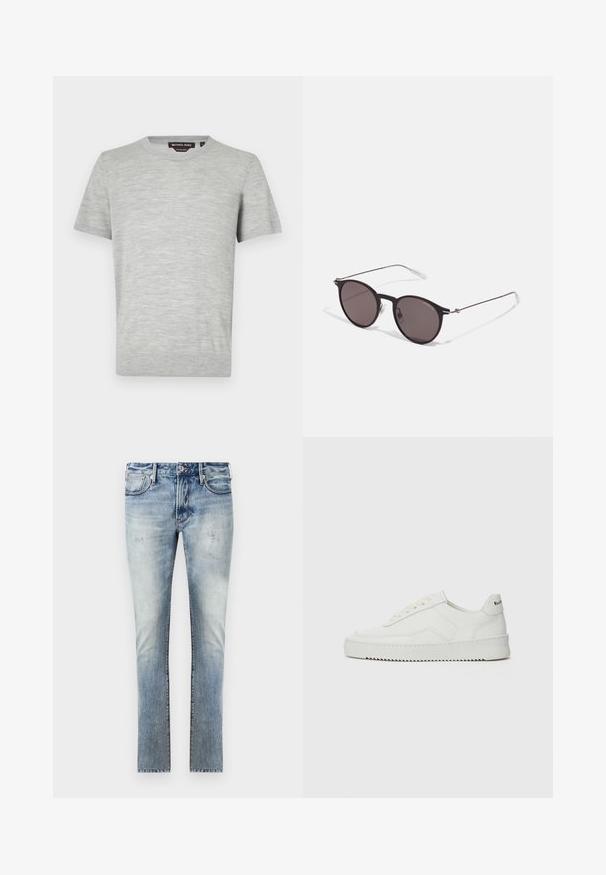 Jasnoszary T-shirt z krótkim rękawem, wykonany z miękkiego, teksturowanego materiału, z okrągłym dekoltem i minimalistycznymi detalami szwów. Metka marki widoczna wewnątrz dekoltu.; Jasnoniebieskie dżinsy z wyblakłym wykończeniem, wąski krój, pięć kieszeni i kontrastowe szwy.; Białe skórzane sneakersy o gładkim wykończeniu, okrągłym nosku, płaskich sznurówkach i teksturowanej podeszwie. Charakteryzują się delikatnym logo na pięcie.; Czarne okrągłe okulary przeciwsłoneczne z ciemnymi soczewkami i smukłymi metalowymi ramkami. Zawierają przezroczyste końcówki zauszników oraz srebrne akcenty przy zawiasie. Minimalistyczny design.