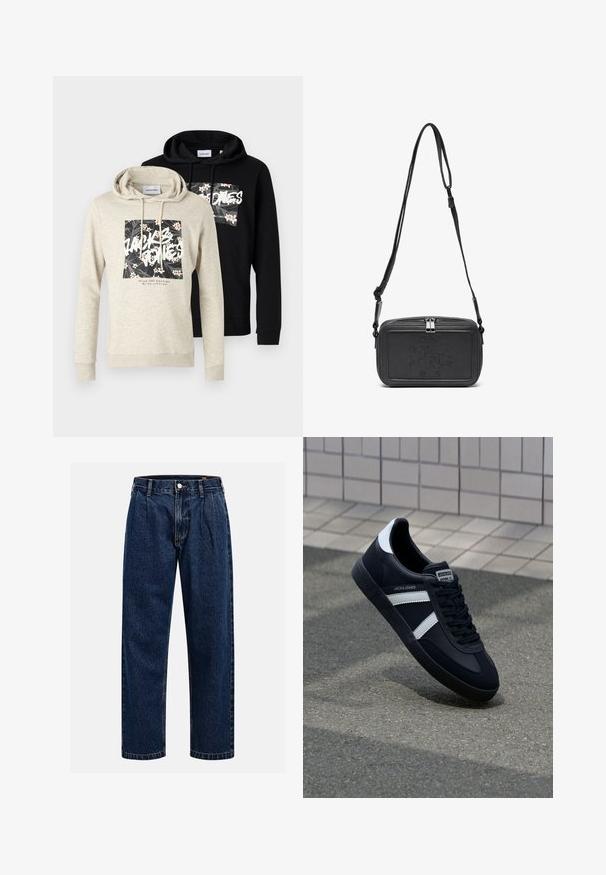 Két kapucnis felső: az egyik világosszürke, virágmintás grafikával és szöveggel, a másik egyszínű fekete. Mindkettő kenguruzsebes és zsinóros kapucnis.; Sötétkék farmernadrág egyenes szabással. Jellemzői a látható varrás, gombos záródás és elülső redők a további részletekért.; Fekete bőr sportcipő fehér csíkokkal, textúrált gumitalppal és fűzős elejével. A nyelvén márkás címke található.; Fekete bőrből készült keresztbe hordható táska cipzáras záródással, dombornyomott logóval az elején és állítható pánttal. Simább textúrájú, téglalap alakú.