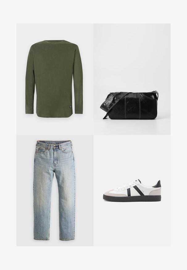 Långärmad, olivgrön t-shirt med rund halsringning och en liten svart etikett nära den nedre fållen på en enkel vit bakgrund.; Ljusblå denimjeans med hög midja, framknäppning, dragkedja och femficksdesign, placerade platt på en neutral bakgrund.; Vit sneaker med svarta och grå accenter, med en strukturerad grå tådel, svart gummisul, och platta vita skosnören. Ren design, minimalistisk stil.; Svart läder axelväska med dragkedjestängning, som har en texturerad yta, vit sömnad och ett bälte med silveröglor.