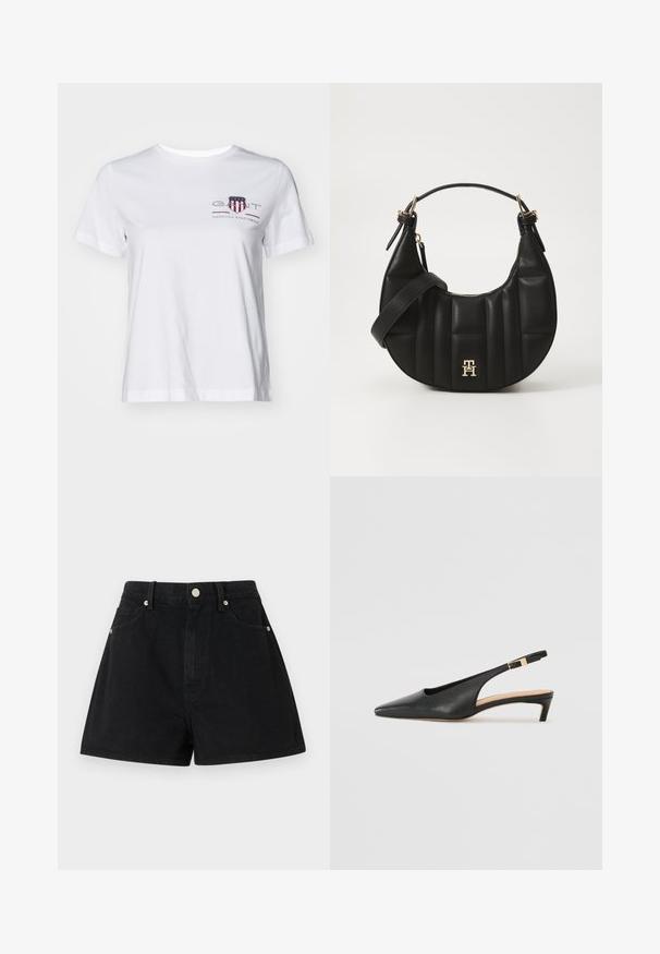 Hvit bomull t-skjorte med korte ermer, rund hals og et rødt og blått brodert logo på venstre side. Glatt tekstur, avslappet passform.; Sorte denimshorts med høy midje, fem lommer, sølvfarget detaljer og standard passform, med en jevn tekstur og ren finish.; Svart lær slingback hæl med spiss tå, lav hæl og justerbar ankelrem med en gullfarget spenne. Glatt tekstur.; Svart skinnhåndveske med en buet form, kviltet tekstur og gullhardware. Har en avtagbar skulderrem og logo-detaljer.