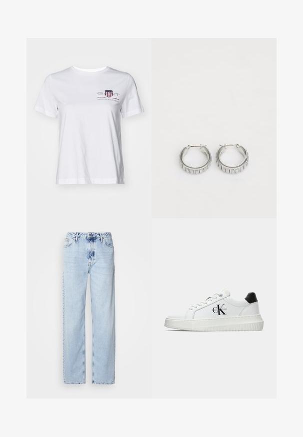Biela bavlnená tričko s krátkymi rukávmi, okrúhlym výstrihom a vyšitým červeným a modrým logom na ľavej strane. Hladká textúra, uvoľnený strih.; Svetlomodré široké džínsy vyrobené z denimu, s vysokým pásom, vyblednutým umývaním a jemným vzorom batikovania na prednej strane.; Biele nízke tenisky s čiernym pätkovým dielom, platformovou podrážkou, šnúrkami a logom "CK" značky Calvin Klein na boku.; Strieborné kruhové náušnice s textúrovaným dizajnom, ktorý obsahuje vertikálne ryhy. Obdĺžnikový tvar so zabezpečovacím uzáverom. Hladký povrch.