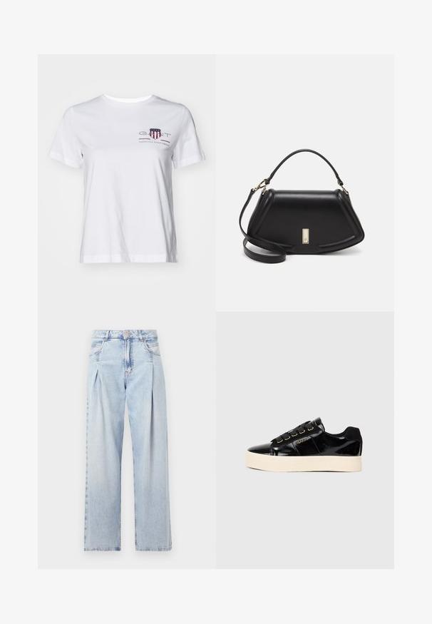 White cotton t-shirt with short sleeves, crew neck, and a red and blue embroidered logo on the left side. Smooth texture, relaxed fit.; Light blue denim jeans with a high waist, wide-leg cut, two side pockets, and pleated design feature. Soft texture with a faded finish.; Black patent leather sneakers with a flat cream sole. Features black laces, gold eyelets, and logo detail on the side. Rounded toe design.; Black leather handbag with a structured design, featuring a cropped shape, top handle, and gold hardware accent. Adjustable shoulder strap included.