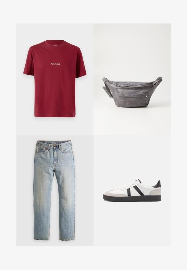 Burgundy cotton t-shirt with short sleeves and a crew neck. Features white embroidered text saying "Originals Studio" on the front.; Light blue denim jeans with high waist, front button, zipper, and five-pocket design, laid flat on a neutral background.; White sneaker with black and gray accents, featuring a textured gray toe cap, black rubber sole, and flat white laces. Clean design, minimalist style.; Gray suede fanny pack with a rounded shape, two zippered compartments, and adjustable strap. Features metal hardware accents.