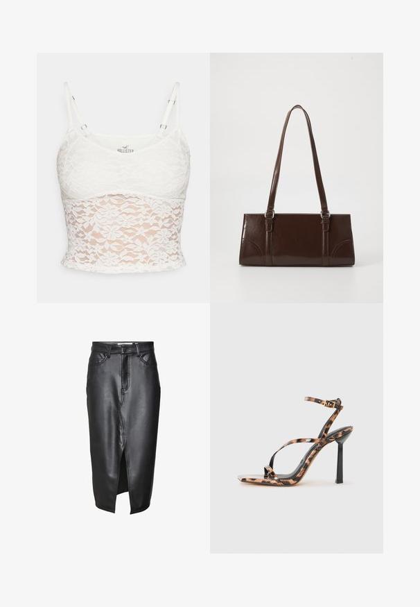 Hvid blonde cami-top med justerbare stropper, blomsterlignende blonde mønster og en tætsiddende silhuet med en solid foring.; Sorte lædernederdel med en mellemlang design, der har en frontslids, klassiske bæltesløjfer og syede detaljer langs sømmene.; Sandaler med høje hæle og stropper, med firkantet tå, som har et leopardmønster i nuancer af brun og sort på en glansfuld overflade.; Brun lakeret håndtaske med rektangulær form, to lange håndtag og subtile buede detaljer på fronten.