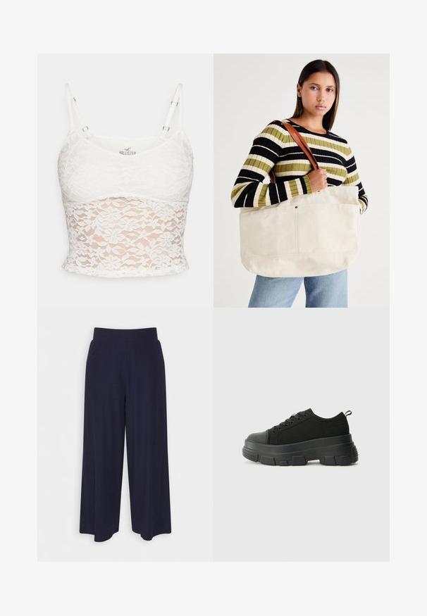 Top de tirantes ajustables en encaje blanco, con un patrón de encaje floral y una silueta ajustada con forro sólido.; Pantalones de pierna ancha en tejido de un oscuro color navy con una textura acanalada. Presenta una cinturilla suave y una silueta fluida, llegando a la altura de las pantorrillas.; Zapatillas negras con suela de goma gruesa, parte superior de tela texturizada, punta redonda y diseño con cordones. Presenta ojales reforzados y tirador en la parte trasera.; Gran bolsa de lona beige grande con correas de cuero marrón, que presenta un diseño minimalista y costuras visibles como acentos.