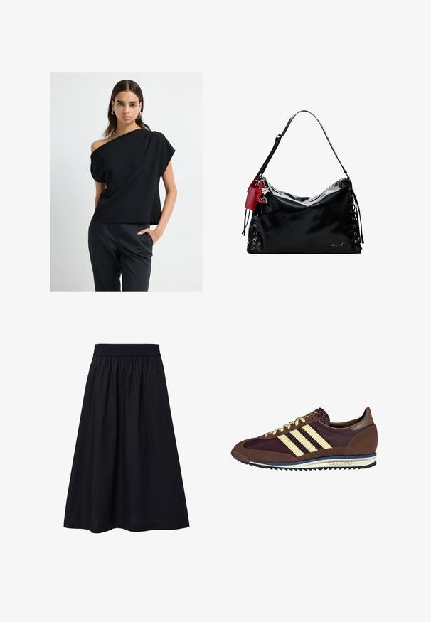 Vrouw in een zwarte one-shoulder top en zwarte op maat gemaakte broek, staand met één hand in de zak tegen een effen witte achtergrond.; Zwarte, knie-lange rok gemaakt van lichte stof. Voorzien van een elastische tailleband en een simpele, gladde textuur. Geen zichtbare patronen of versieringen.; Bruine en bordeauxkleurige sneaker van suede en mesh materiaal, met drie crèmekleurige strepen, een gemêleerd stof op de tong en een rubberen zool.; Zwarte leren handtas met een slouchy ontwerp, vetersluiting aan de zijkanten en een rode accentlabel. Heeft een lange verstelbare schouderriem.