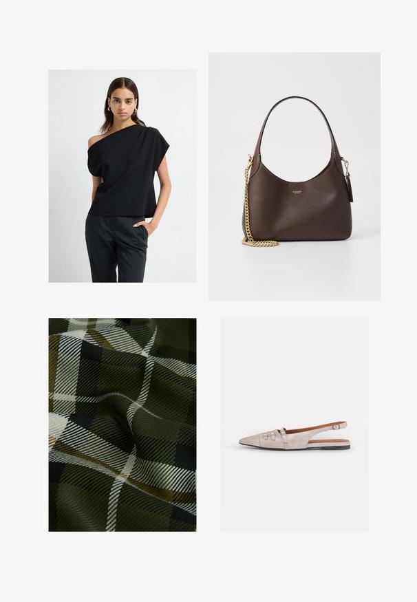 Frau in schwarzem schulterfreien Oberteil und schwarzen, maßgeschneiderten Hosen, die mit einer Hand in der Tasche vor einem schlichten weißen Hintergrund steht.; Gewebter Karostoff mit dunklem Grün, Schwarz und Weiß. Die Textur ist glatt mit einem weichen, gemusterten Finish.; Helle beige Slingback-Schuh mit spitzer Zehenpartie, weich samtiger Textur, ausgestattet mit zwei dekorativen Schnallen und einem niedrigen, flachen Absatz.; COACH BROOKLYN SHOULDER BAG 23 - Handtasche - maple