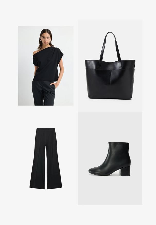 Nainen, jolla on päällään musta olkaimeton toppi ja mustat räätälöidyt housut, seisoo yksi käsi taskussa tasaisella valkoisella taustalla.; Mustat leveälahkeiset housut, joissa on sileä pinta, etupuolella laskokset ja muotolaskettu malli. Kangas on kevyttä ja laskeutuvaa.; Musta nahkasaappaat nilkkapituudella, jossa on terävä kärki ja paksu korko. Silkkinen pinta, jossa on minimaaliset yksityiskohdat ja tyylikäs, istuva muotoilu.; Musta nahkainen kassi, jossa on kaksi pitkää kahvaa, sileä pinta ja jämäkkä muoto. Sisältää etutaskun lisävarastointia varten.