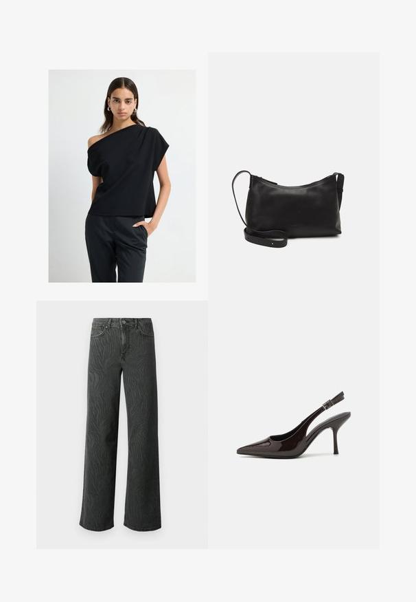 Nainen, jolla on päällään musta olkaimeton toppi ja mustat räätälöidyt housut, seisoo yksi käsi taskussa tasaisella valkoisella taustalla.; Kapelevat farkut tummanharmaasta farkkukankaasta, joissa on hienovarainen seeprakuosistructuuri, kontrastiväriset tikkaukset ja viisi taskua napillista avausmekanismia varten.; Korkokenkät tummanruskeasta kiiltävästä patenttinnahasta, teräväkärkiset, avoimet sivut ja säädettävä nilkkaremmi.; Musta nahkainen olkalaukku, jossa on sileä pinta, kaareva muoto, säädettävä hihna ja vetoketjukiinnitys. Minimalistinen muotoilu ilman koristeita.