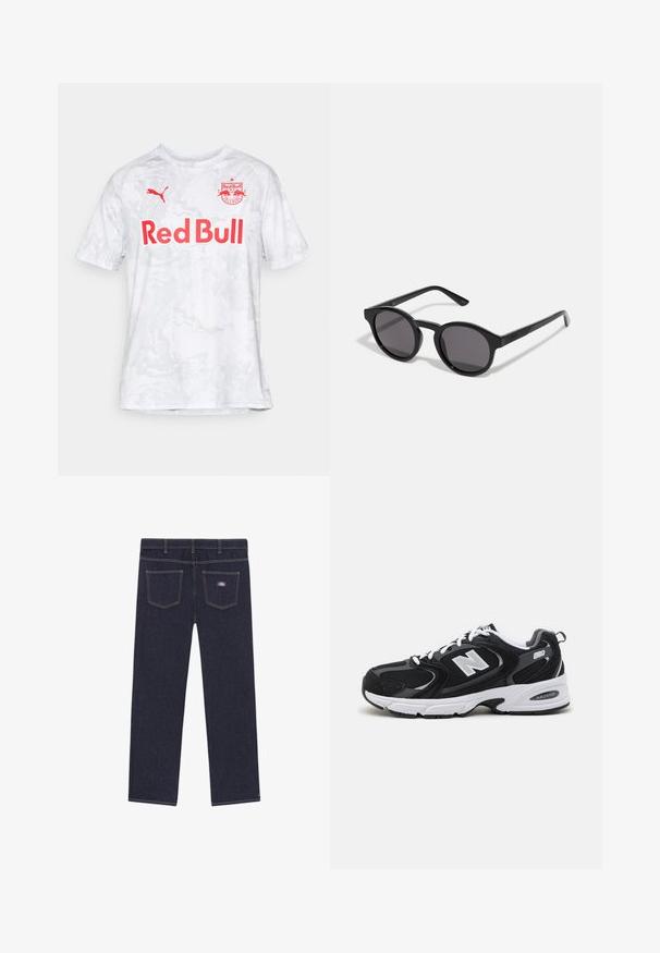 Bijela nogometna majica kratkih rukava s teksturiranim, mramornim uzorkom; sadrži natpis "Red Bull" u podebljanom crvenom tekstu i Puma logotip.; Tamno plave traperice ravnog kroja, s dva stražnja džepa i kontrastnim žutim šavovima. Oznaka branda na desnom džepu.; Crne i sive atletske tenisice s mrežastim i nubuk gornjim dijelom, s bijelom srednjom potplatom, vezicama i hrabrim "N" logotipom sa strane.; Crne sunčane naočale s okruglim, lagano valovitim okvirom, tamnim lećama i ravnim crnim krakovima. Glatka, sjajna završna obrada bez vidljivih uzoraka.
