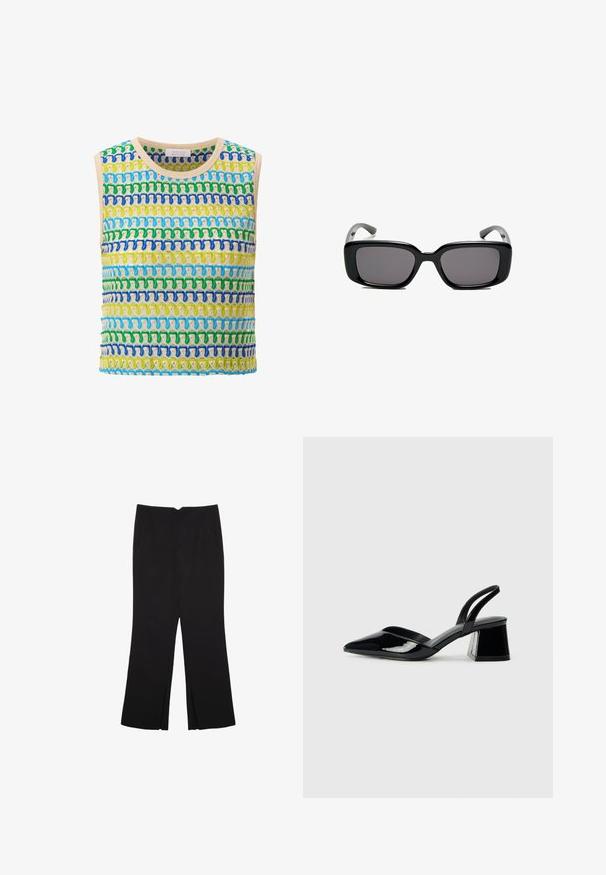 Ærmeløs top med et strikket mønster i livlige blå, grønne og gule farver. Flerfarvede horisontale striber med en let tekstur.; Sorte bukser med lige pasform, der har frontlommer og slidser i kanten. Lavet af blødt, glat stof. Velegnet til forskellige anledninger.; Sorte patentlæder slingback hæle med spids tå og en geometrisk blok hæl. Har et elegant, minimalistisk design og en glat tekstur.; Sorte rektangulære solbriller med mørke linser, glat plastikramme og buede stænger. Designet er klodset med en minimalistisk æstetik.