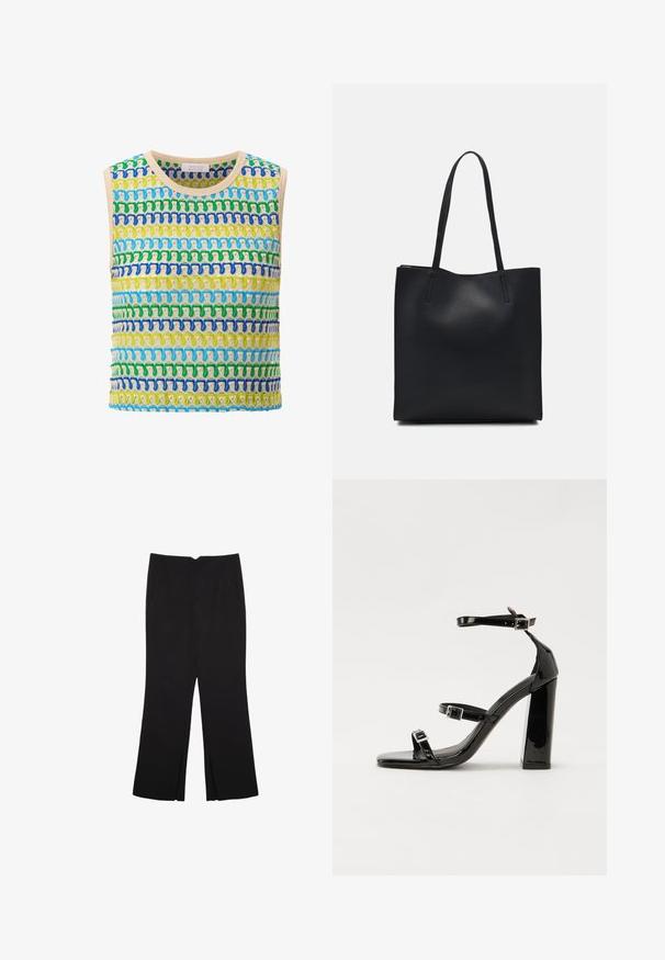 Ærmeløs top med et strikket mønster i livlige blå, grønne og gule farver. Flerfarvede horisontale striber med en let tekstur.; Sorte bukser med lige pasform, der har frontlommer og slidser i kanten. Lavet af blødt, glat stof. Velegnet til forskellige anledninger.; Sorte patenterede hælsandaler med firkantet tå, ankelremme og sølvspænder. Har en chunky blokHæl for stabilitet.; Sort læder tote taske med glat tekstur, rektangulær form og to lange hanke. Ingen synlig hardware eller udsmykninger.