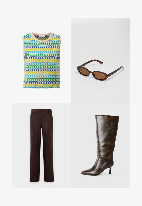 Ærmeløs top med et strikket mønster i livlige blå, grønne og gule farver. Flerfarvede horisontale striber med en let tekstur.; Mørkebrun suedebukser med lige ben, frontknap og lynlås, bæltesløjfer og sidelommer.; Brune slidset læder knæhøj støvle med spids tå og tynd stilettohæl på en hvid baggrund.; Runde, bruntonede solbriller med en glansfuld bordeauxramme. Slanke arme med diskret brandingdetalje. Flad linsedesign.; Gul plisseret håndtaske lavet af glat kunstlæder, med en blød form, en enkelt skulderrem og samlet topdesign.