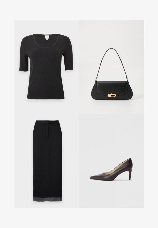 Crna majica kratkih rukava od glatkog materijala, s širokim izrezom i opuštenim krojem. Bez uzoraka ili dodataka.; Crna duga suknja od glatkog materijala. Ima ravnu siluetu s blagim prozirnim rubom, krojenom strukom i detaljem proreza na leđima.; Crne kožne visoke potpetice s uskim vrhom, glatkom teksturom i tankom stiletto potpeticom. Unutrašnjost pokazuje bež oblogu.; Crna kožna torba s zakrivljenim dizajnom, zlatnim detaljima i gornjom drškom. Ima elegantno zatvaranje i glatku teksturu.