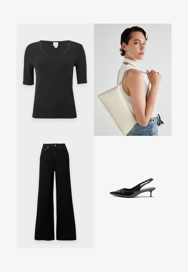Musta lyhythiha T-paita, joka on valmistettu sileästä kankaasta. T-paidassa on leveä pyöreä kaula-auko ja rento istuvuus. Ei kuvioita tai korostuksia.; Musta leveälahkeiset farkut, valmistettu denimistä, joissa on korkeavyötärö, viisi taskua, edessä nappikiinnitys ja vähäiset ompeludetaljit.; Mustat nahkaiset slingback-korkokengät, joissa on terävä kärki, pieni kitten-korko ja koristeellinen solki edessä. Yksinkertainen pinta kauttaaltaan.; Valkoinen suorakulmainen clutch-laukku, joka on valmistettu kiiltävästä materiaalista ja jossa on hopeinen ketjuolkahihna. Malli poseeraa laukku käsivarsillaan yksinkertaista taustaa vasten.