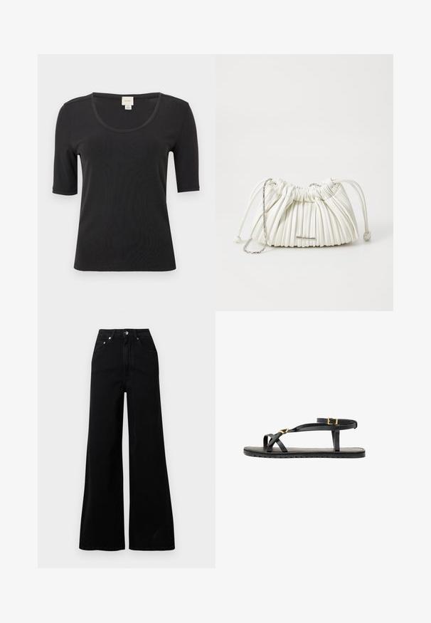 Črna majica s kratkimi rokavi iz gladkega blaga, z širokim okroglim izrezom in sproščenim krojem. Brez vzorcev ali dodatkov.; Črne široke jeans hlače iz jeansa, z visokim pasom, petimi žepi, sprednjo zapenjavo na gumbe in minimalnimi šivi.; Črne usnjene sandale s tankimi naramnicami in zaponko okoli gležnja. Ravna podplat s teksturirano površino in cik-cak robom. Minimalističen dizajn.; Bela plisirana torba iz mehkega materiala. Ima vrvico za zapiranje, pletene ročaje in srebrn obroč kot poudarek.