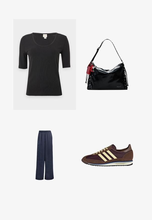 Schwarz kurzärmeliges T-Shirt aus glatter Baumwolle mit weitem Rundhalsausschnitt und lässiger Passform. Keine Muster oder Akzente vorhanden.; Marinefarbene Weitbein-Hosen aus glattem Stoff mit einem elastischen Bund und ohne sichtbare Beschläge. Sie verfügen über einen lockeren Sitz und ein langes Design.; Braune und burgunderfarbene Sneaker aus Wildleder und Mesh-Materialien, mit drei cremefarbenen Streifen, strukturiertem Stoff an der Zunge und einer Gummisohle.; Schwarze Lederhandtasche mit einem lässigen Design, Schnürdetails an den Seiten und einem roten Akzent-Tag. Verfügt über einen langen, verstellbaren Trageriemen.