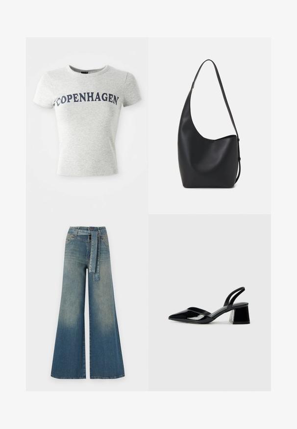 Gaiši pelēka īsām piedurknēm T-krekls ar noapaļotu kakla izgriezumu un lieliem tumši ziliem burtiem "COPENHAGEN", kas izdrukāti krūšu daļā.; Platām kājām džinsu bikses ar gaismas līdz tumši zilam gradientam, augstu jostas līniju, jostas cilpām un atbilstošu auduma jostu. Tekstūrēts džinsas apdare.; Melna lakota āda ar atvērto papēdi, ar smailu purngalu un ģeometrisku blokpapēdi. Iezīmējas elegants, minimāls dizains un gluda tekstūra.; Melnas ādas hobo soma ar gludu tekstūru, izliekta forma un vienu regulējamu jostu; augšā ir plaša atvere.