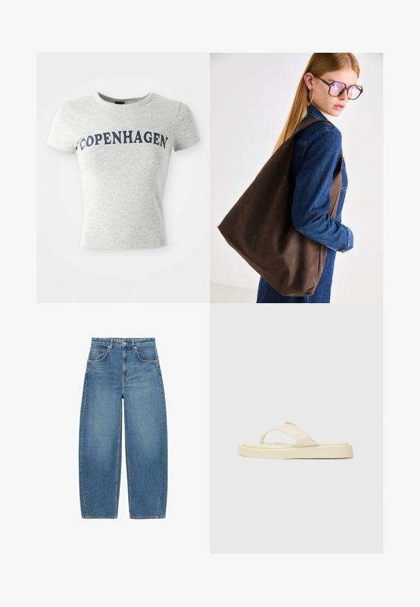 Světle šedé tričko s krátkým rukávem a kulatým výstřihem, na kterém je ve velkých tmavě modrých písmenech vytištěno "COPENHAGEN".; Modré vysoké široké džíny s předními kapsami a zapínáním na knoflík, vystavené v ploché poloze na bílém pozadí.; Ploché žabky ve světle žluté barvě. Vyrobené z hladké gumy se dvěma diagonálními pásky a silnou podrážkou pro pohodlí a trvanlivost.; Hnědá kožená taška přes rameno s měkkou texturou, která nabízí prostorný design a jedno ramenní ucho. Nosená s modrou denimovou bundou.