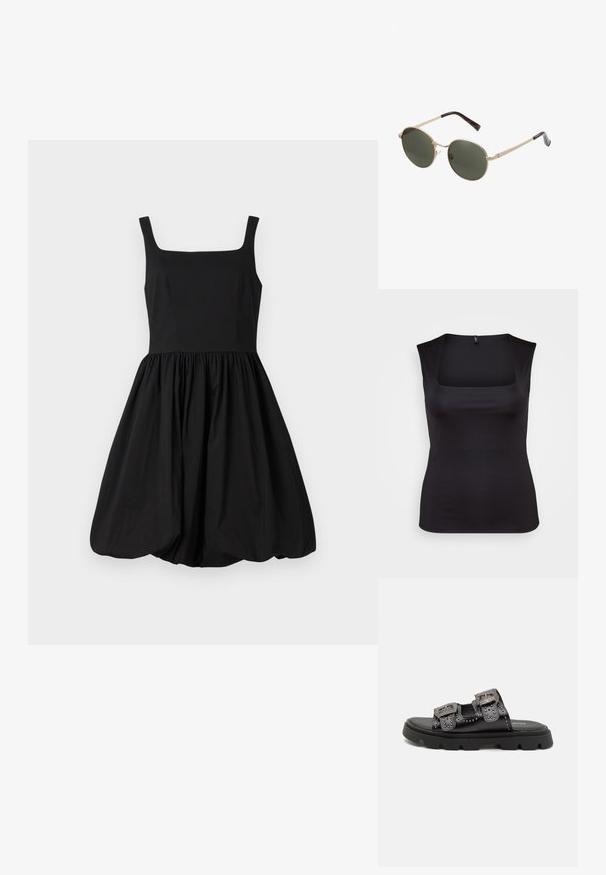 Haut sans manches noir en tissu lisse, avec un col carré et une coupe ajustée, aux bords nets et sans motifs ni accents visibles.; Robe sans manches noire avec un décolleté carré, un corsage ajusté et une jupe évasée froncée se terminant par un ourlet arrondi. Tissu lisse.; Sandales noires avec deux larges brides ornées de clous décoratifs et de boucles détaillées, montées sur une semelle en caoutchouc texturé solide.; Lunettes de soleil rondes avec des montures en métal doré et des verres vert foncé. Les branches présentent un design écaille de tortue pour un détail supplémentaire.; Sac à main en simili cuir noir avec texture matelassée, forme courbée, bandoulière en chaîne argentée et un petit accent de logo à l'avant.