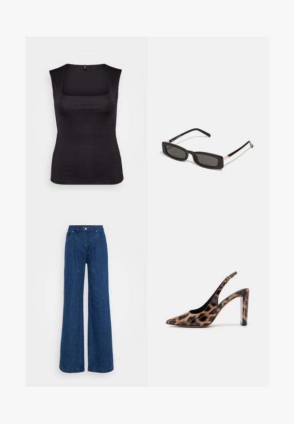 Haut sans manches noir en tissu lisse, avec un col carré et une coupe ajustée, aux bords nets et sans motifs ni accents visibles.; Jeans en denim bleu à jambe large avec une taille haute, fermeture avant à bouton et zip, et poches avant et arrière sur un fond uni.; Escarpin à dos nu en imprimé léopard avec un bout pointu et un talon bloc transparent. Fabriqué en matériau brillant avec une texture lisse.; Lunettes de soleil noires rectangulaires avec des verres sombres, monture en plastique brillant et accents dorés sur les branches. Design minimaliste et forme épurée.