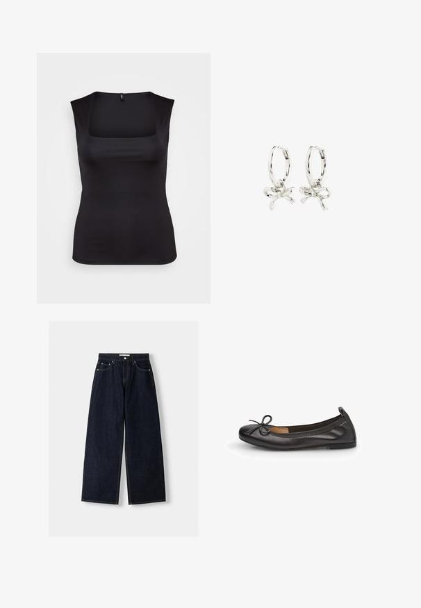 Črn brezrokavnik iz gladkega materiala, z kvadratnim izrezom in prilegajočim krojem, s čistimi robovi in brez vidnih vzorcev ali dodatkov.; Temno modri široki jeans z visokim pasom, petimi žepi, kontrastnim šivanjem in srebrnim kovinskim okovjem. Gladka tekstura in čista končna obdelava.; Črne usnjene balerinke z okroglo konico, tankim mašno dekorjem spredaj in elastičnim robom za varen oprijem. Ravna podplat za udobje.; Srebrni uhani v obliki obroča z obliko pentlje, z gladko površino in poliranim teksturo. Kompaktna, minimalistična zasnova primerna za različne priložnosti.
